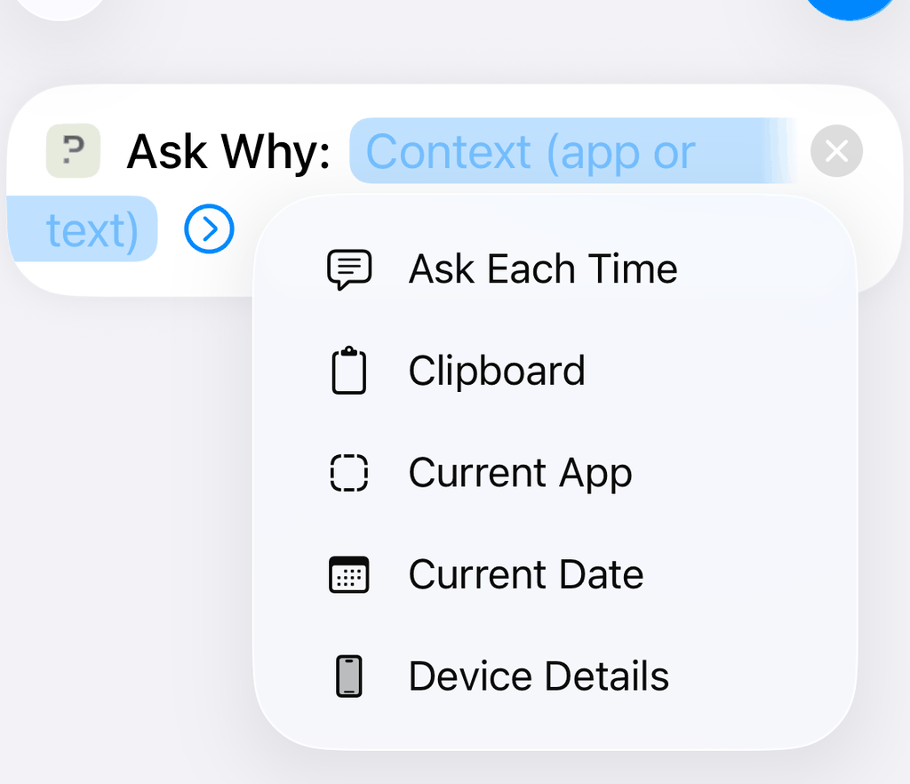 The Context parameter menu in Shortcuts, with Current App among the options