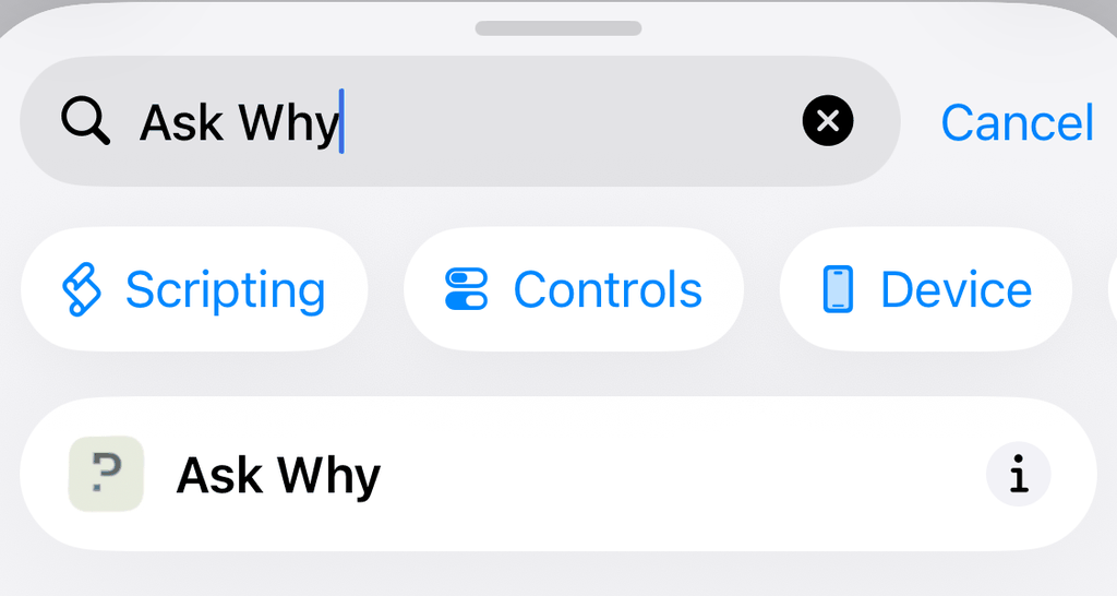 Searching for “Ask Why” in Shortcuts, with the Ask Why action from pourquoi.app in the results